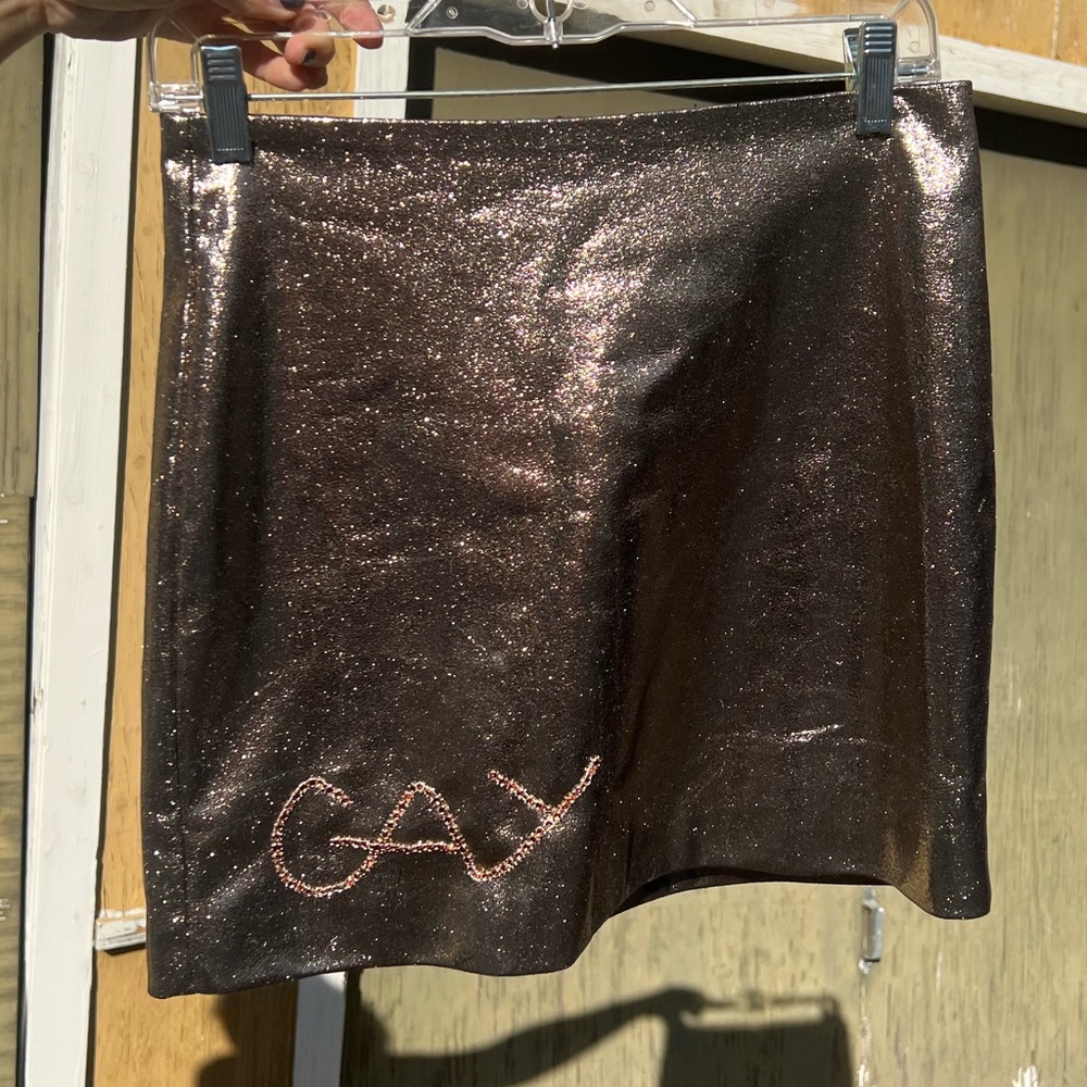 Upcycled Forever 21 skirt more fabulous w/ the hand stitched “gay” in rose gold